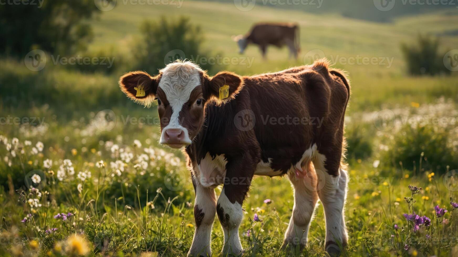 A young calf stands in a lush green field, with another cow grazing in the background. photo