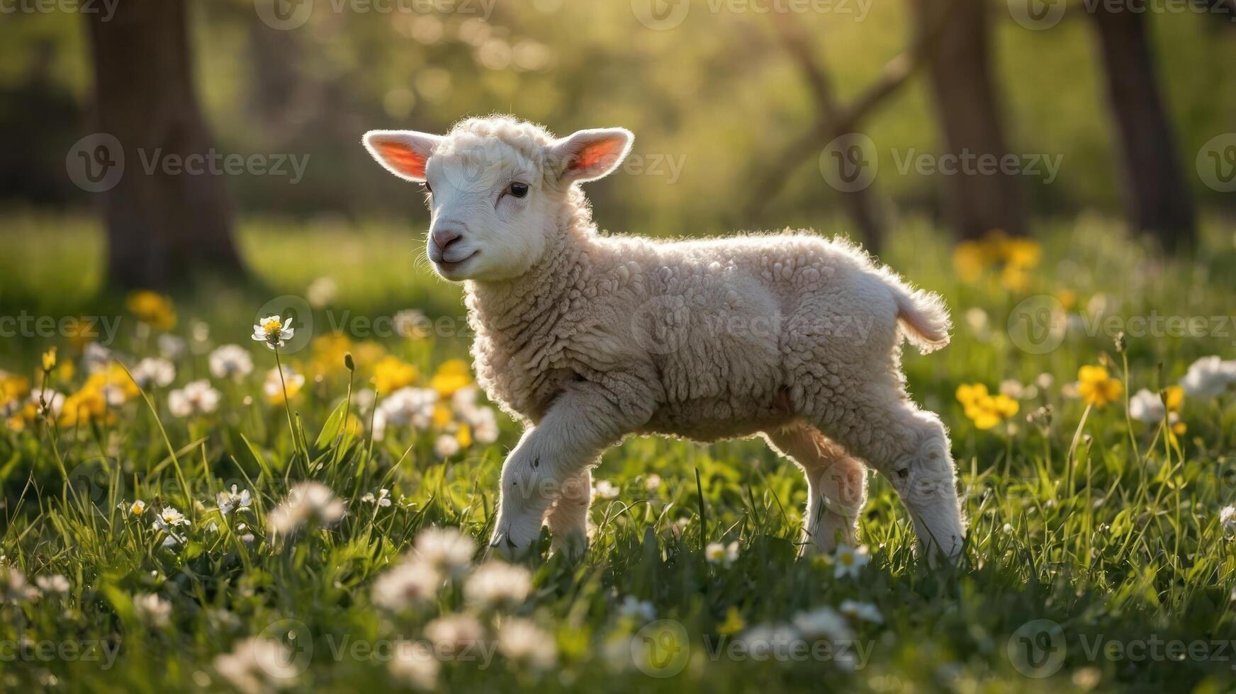 A playful lamb frolics in a sunlit meadow filled with flowers. photo