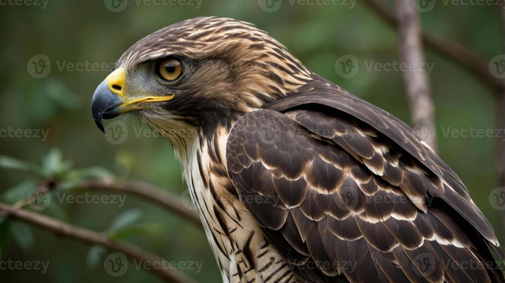 A close-up of a hawk perched on a branch, showcasing its detailed feathers and keen gaze. photo