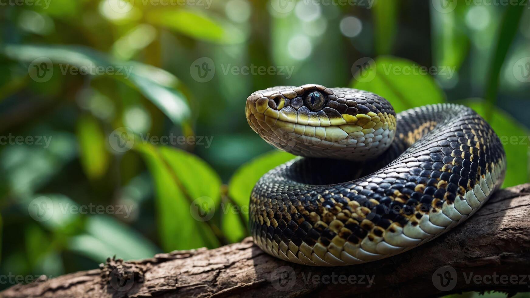 A close-up of a snake coiled on a branch surrounded by lush green foliage. photo