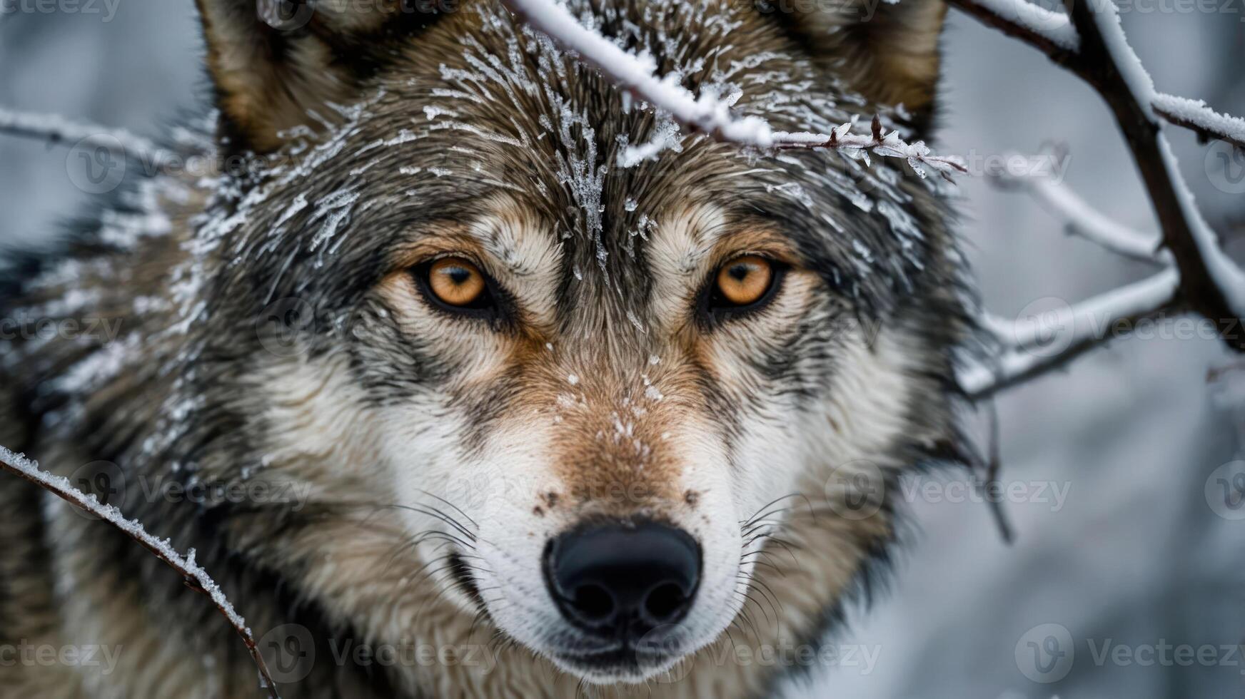 A close-up of a wolf's face, framed by branches and snow, showcasing its intense gaze. photo