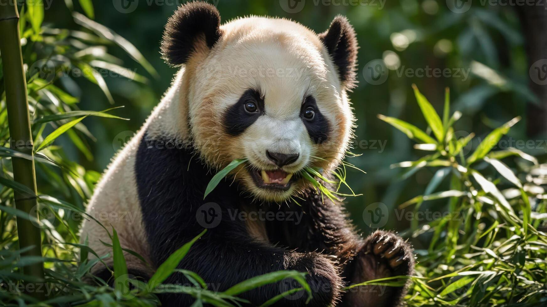 A playful giant panda munching on bamboo in a lush green environment. photo