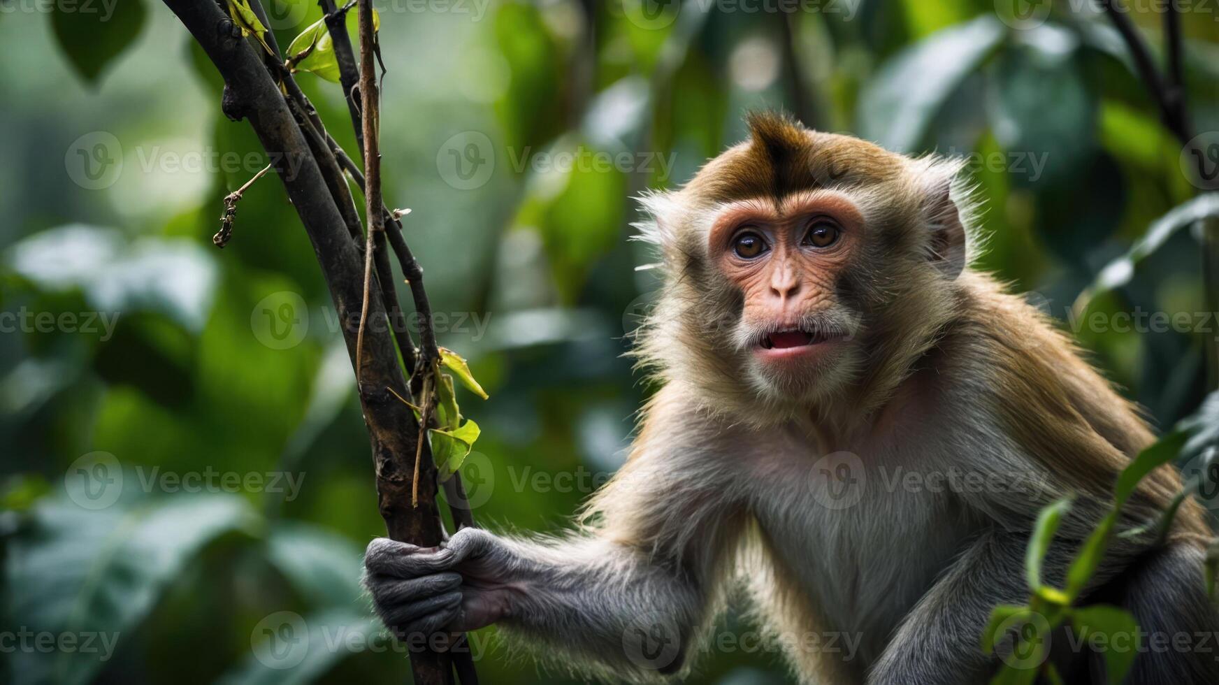 A close-up of a monkey amidst lush green foliage, showcasing its curious expression. photo