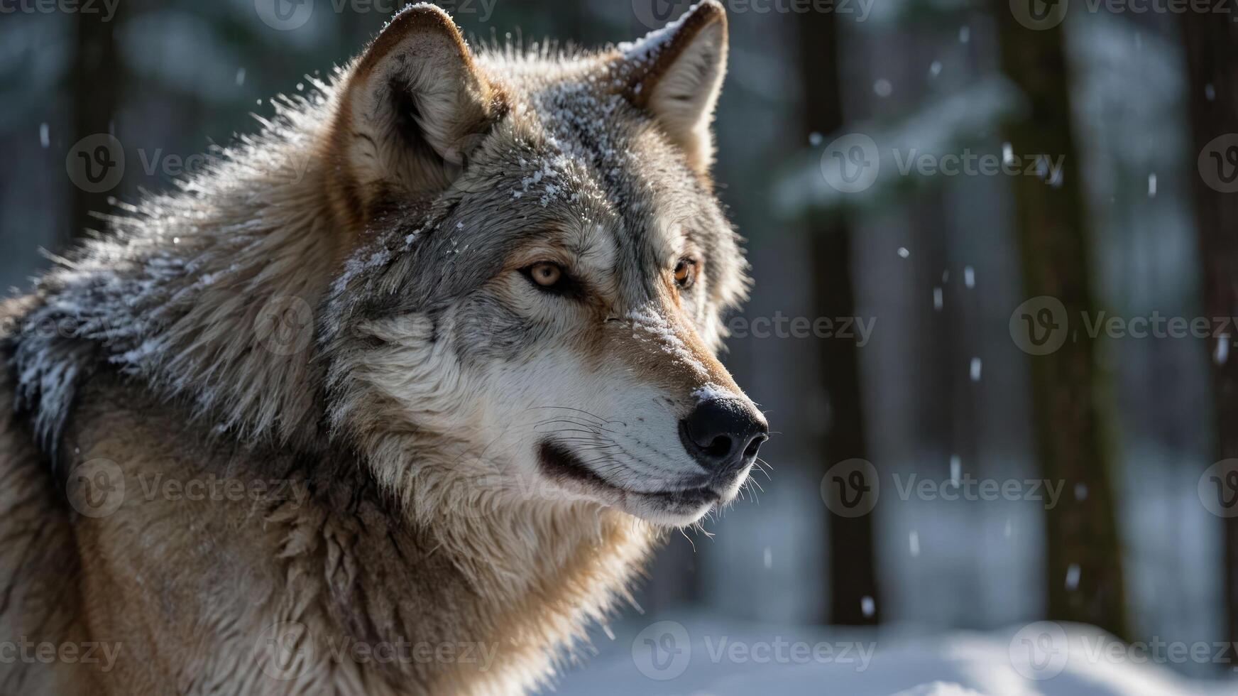 A close-up of a wolf in a snowy forest, showcasing its fur and intense gaze. photo