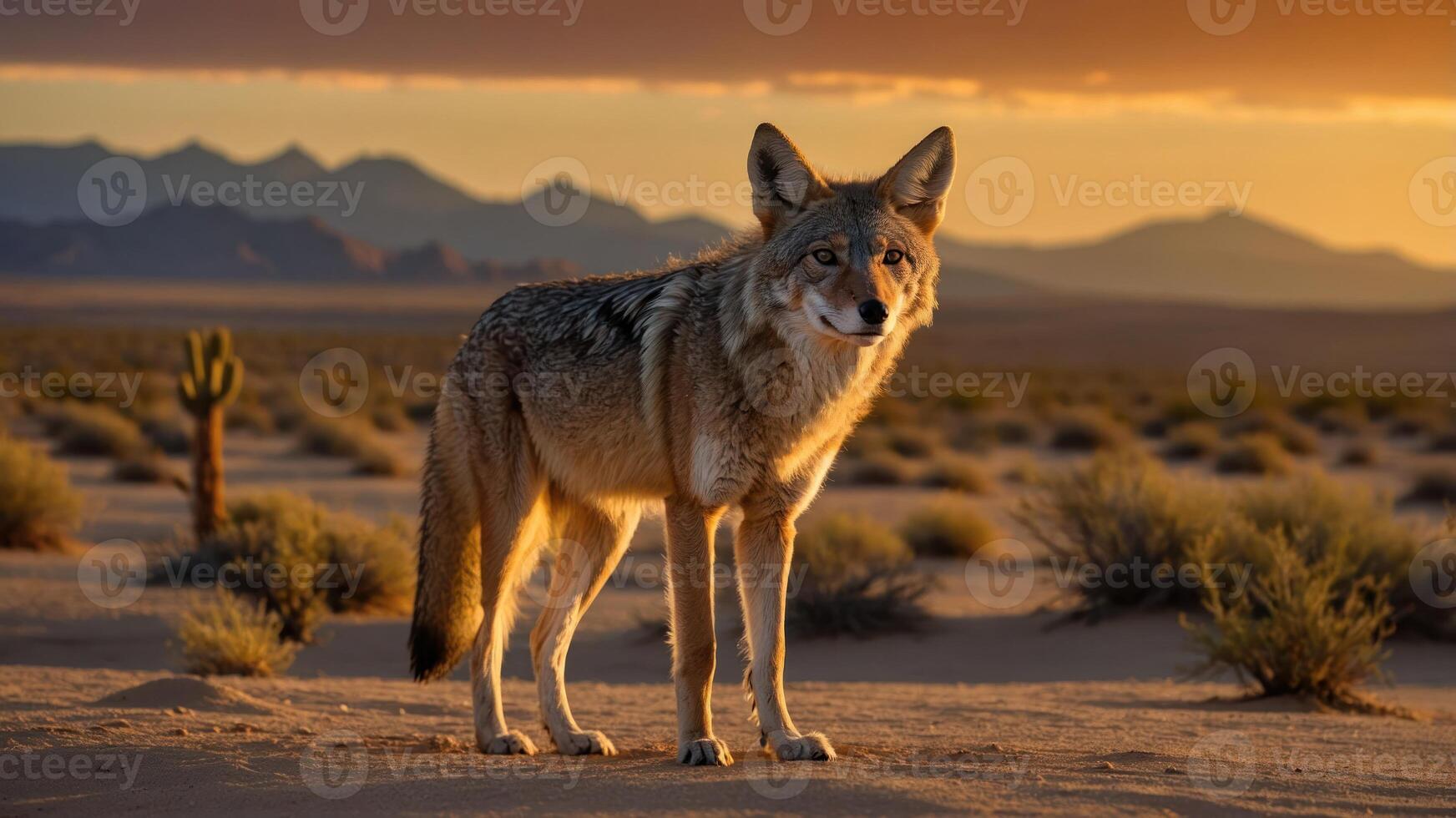 A coyote stands in a desert landscape during sunset, highlighting wildlife in natural settings. photo
