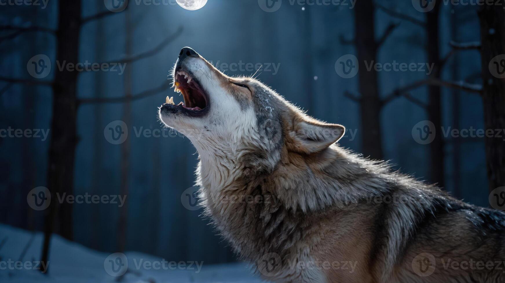 A wolf howling under a full moon in a snowy forest, evoking a sense of wilderness and mystery. photo