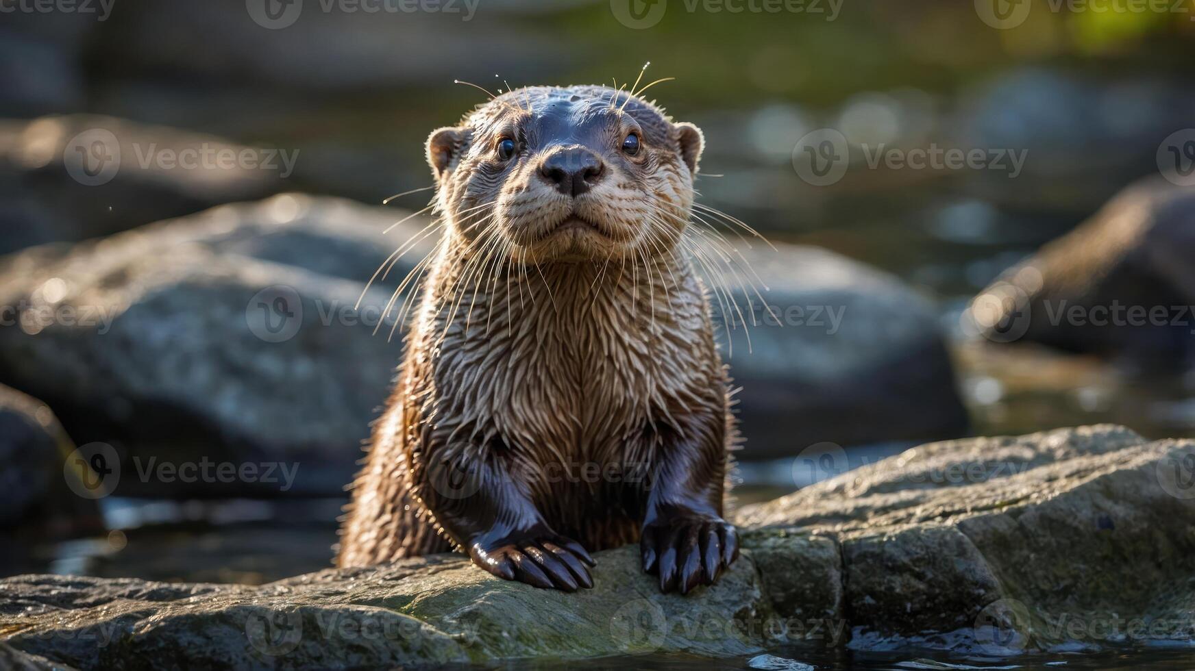 A playful otter perched on a rock by the water, showcasing its curious expression. photo