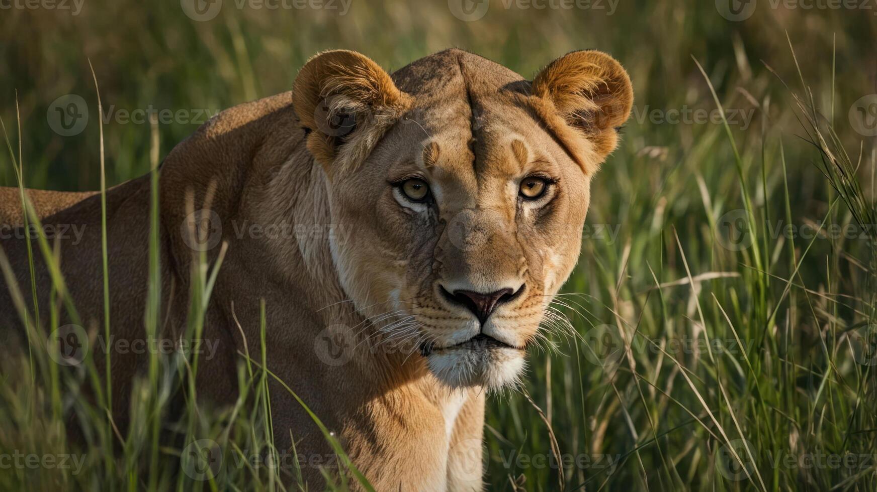 A close-up of a lioness in tall grass, showcasing her intense gaze and natural habitat. photo