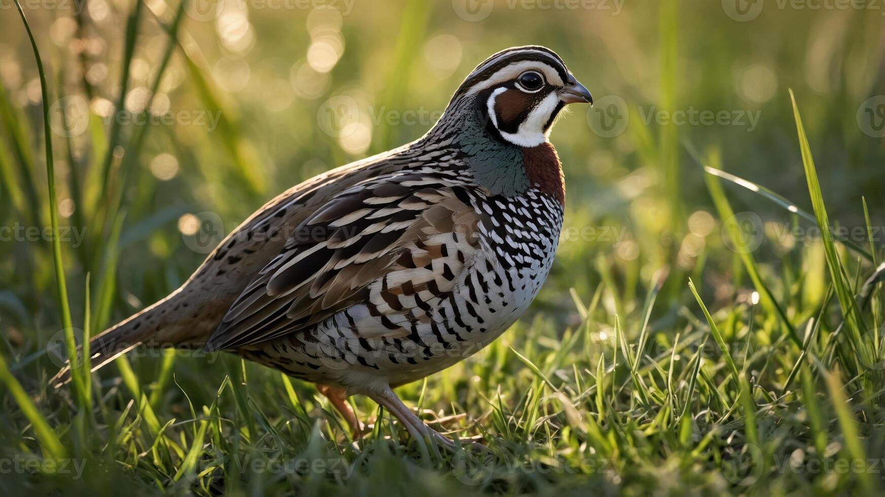 A colorful bird standing on grass in soft sunlight, showcasing its intricate plumage. photo