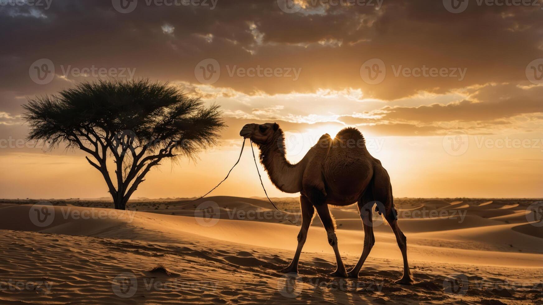 A camel walks through a desert landscape at sunset, with a solitary tree in the background. photo