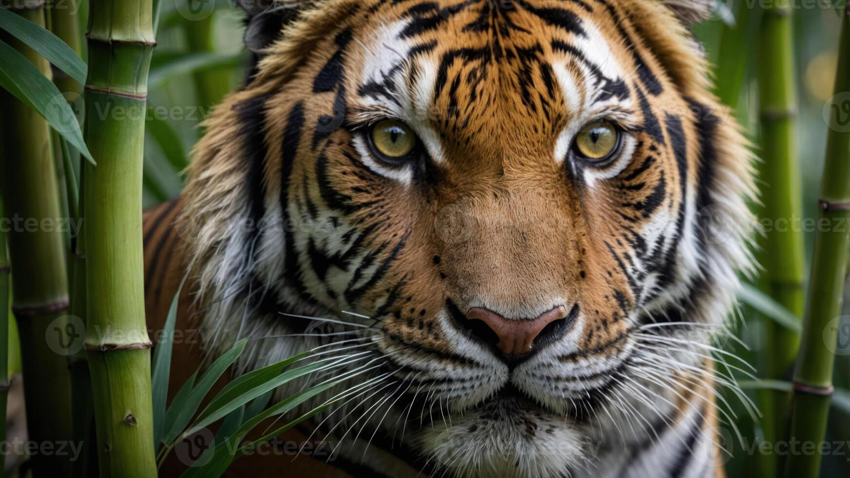 A close-up of a tiger's face among bamboo, showcasing its striking features and intensity. photo