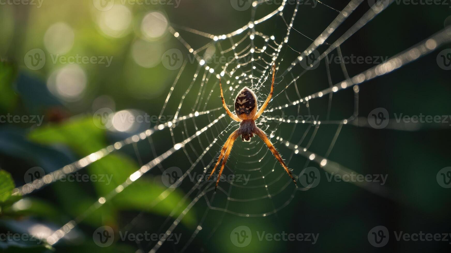 A close-up of a spider in its web, glistening with dew in a natural setting. photo