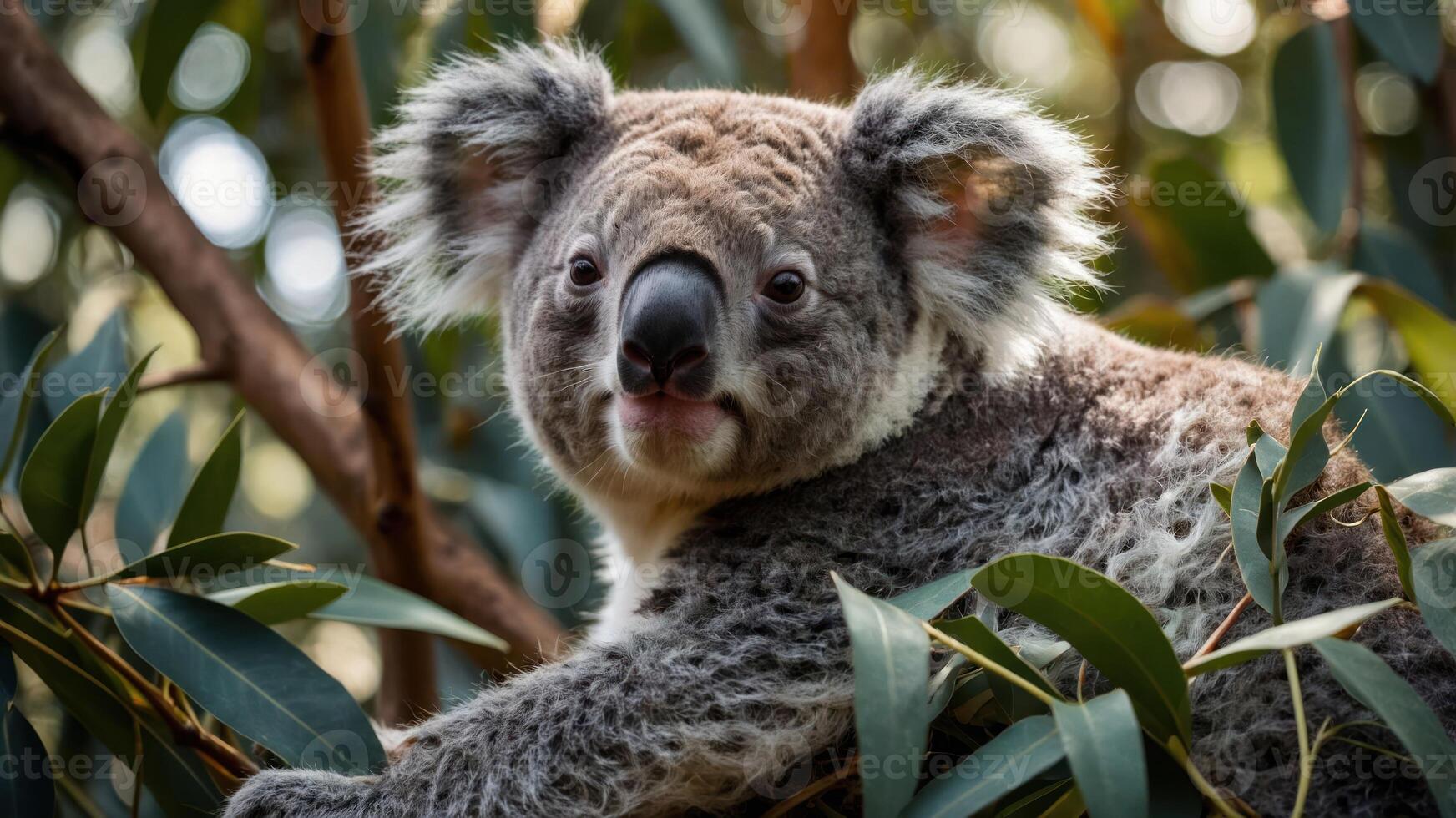 A close-up of a koala resting among eucalyptus leaves in its natural habitat. photo