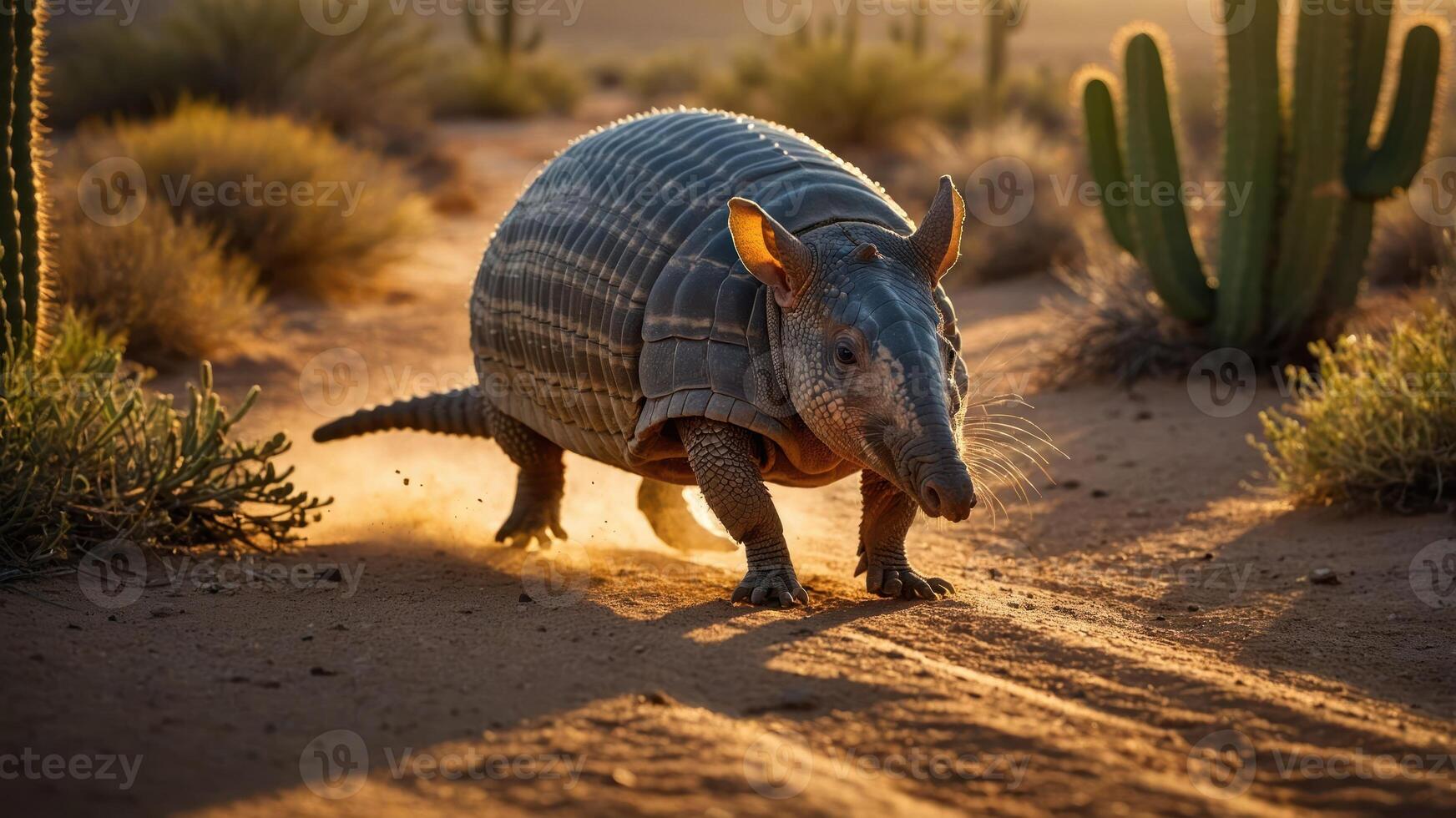 A close-up of an armadillo walking through a desert landscape at sunset. photo