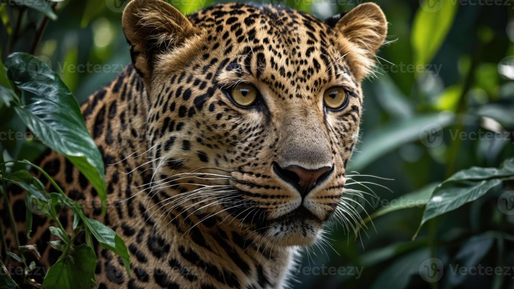 A close-up of a leopard's face amidst lush green foliage, showcasing its striking features. photo