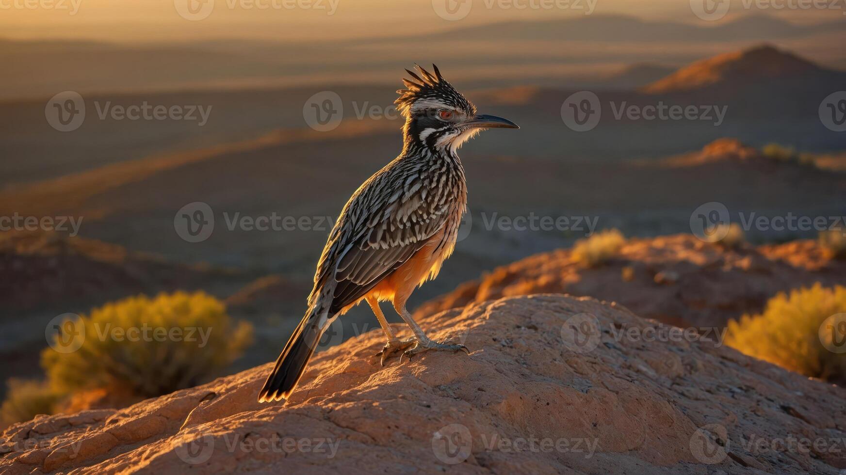 A colorful bird standing on a rock during sunset in a desert landscape. photo