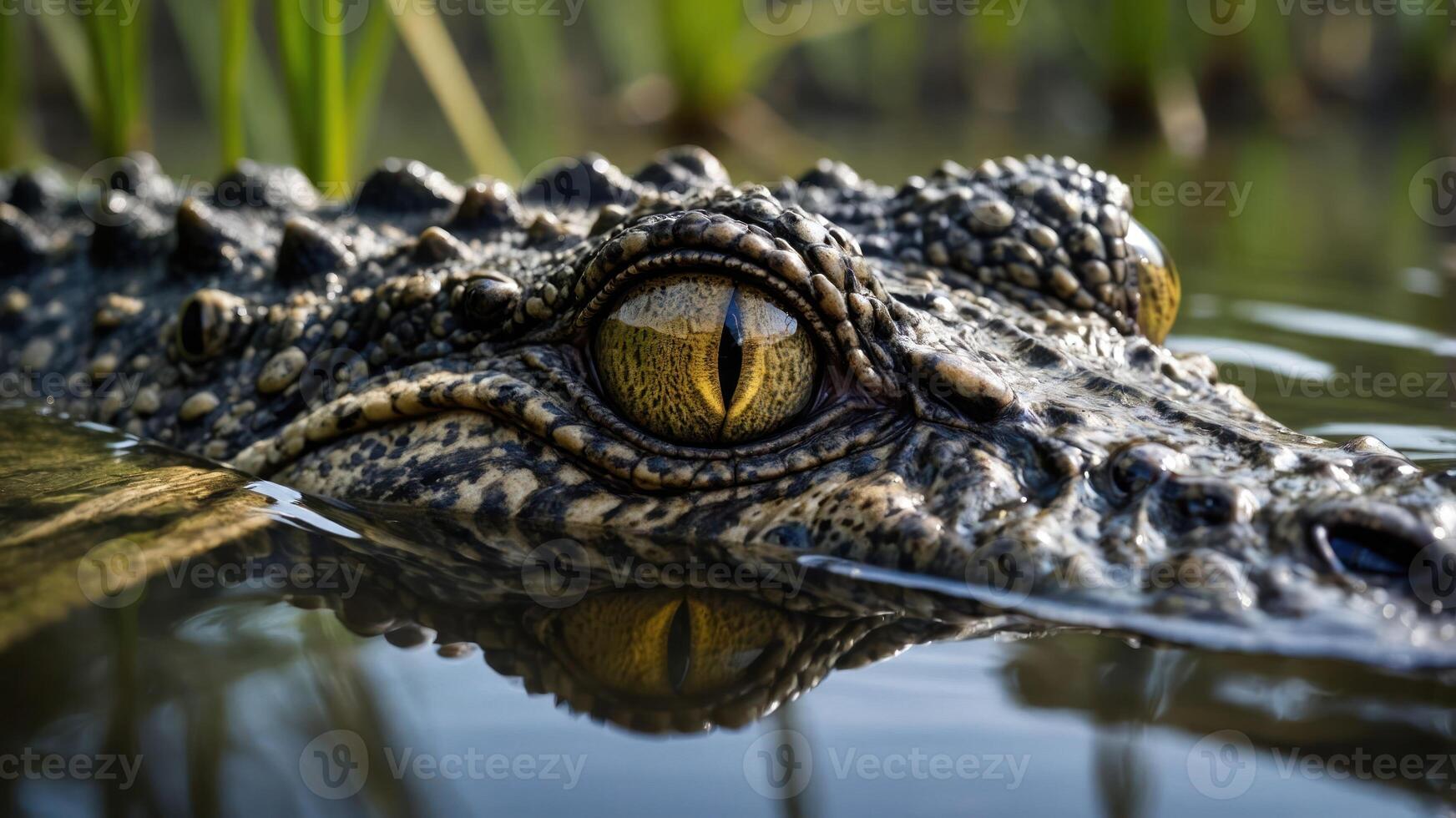 A close-up of a crocodile's eye partially submerged in water, showcasing its textured skin. photo