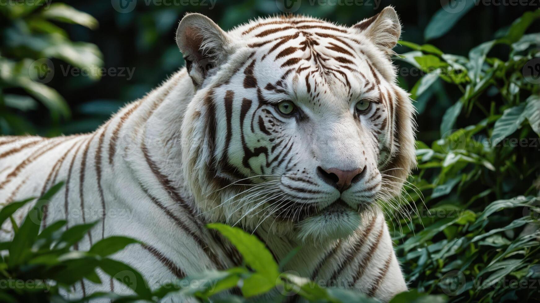 A majestic white tiger amidst lush green foliage, showcasing its striking features and beauty. photo