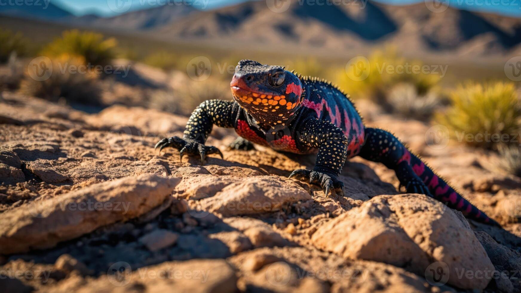 A colorful lizard on rocky terrain, showcasing its vibrant scales in a natural setting. photo