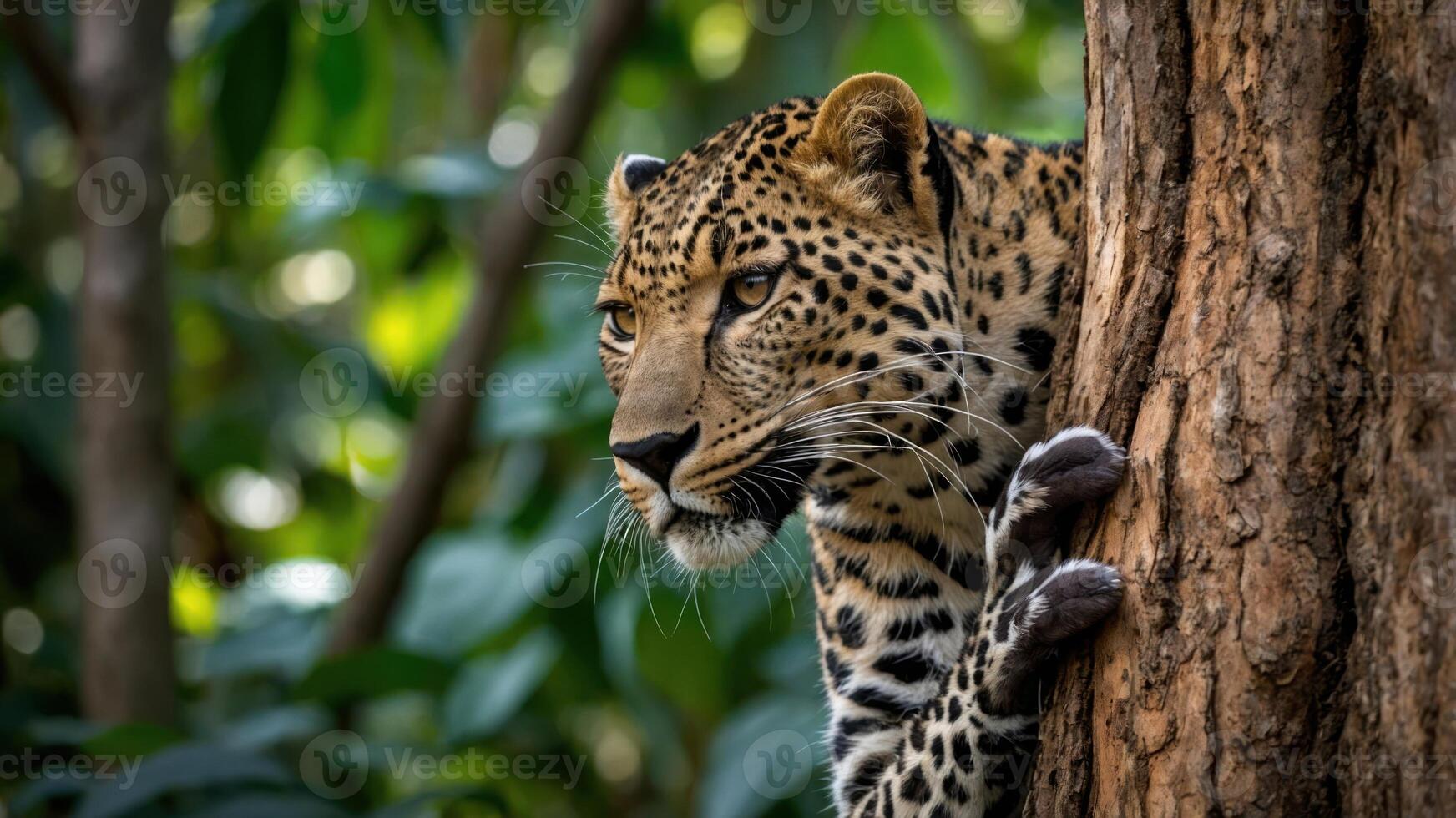 A leopard poised on a tree, showcasing its keen gaze amidst lush greenery. photo