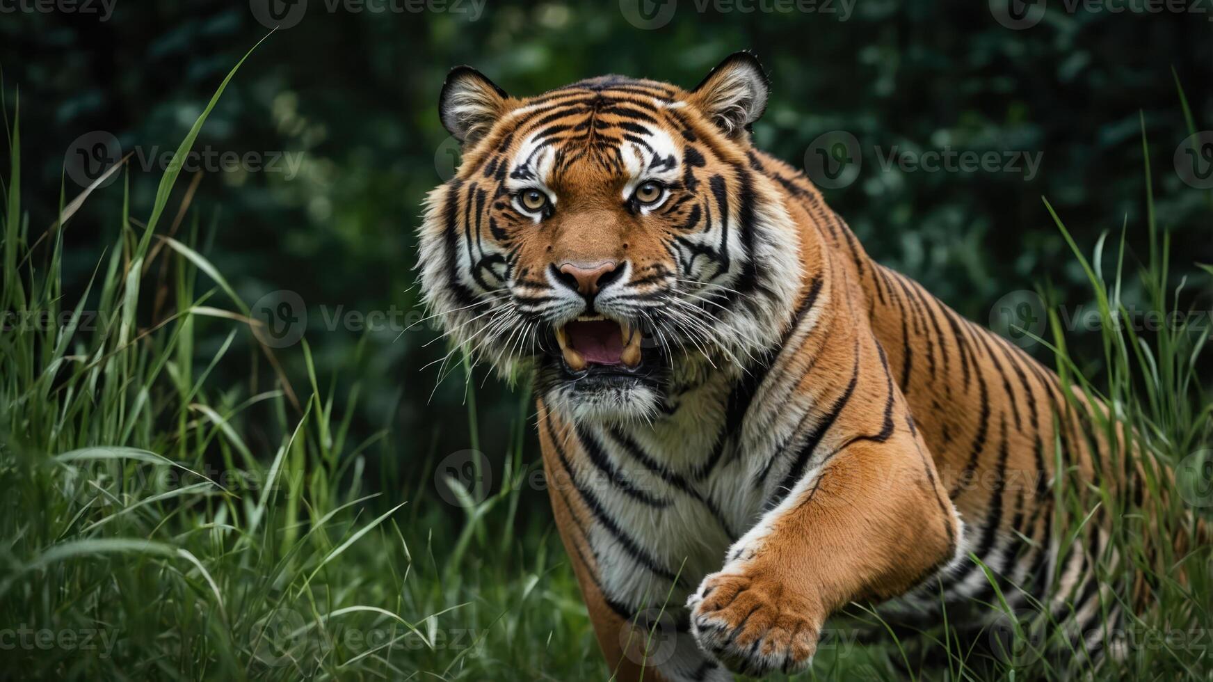 A majestic tiger prowling through lush grass, showcasing its powerful presence in nature. photo
