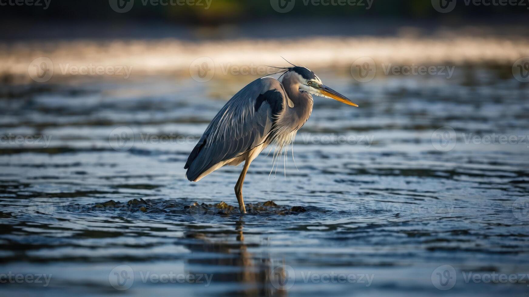 A solitary heron standing in shallow water, poised for fishing in a serene natural setting. photo