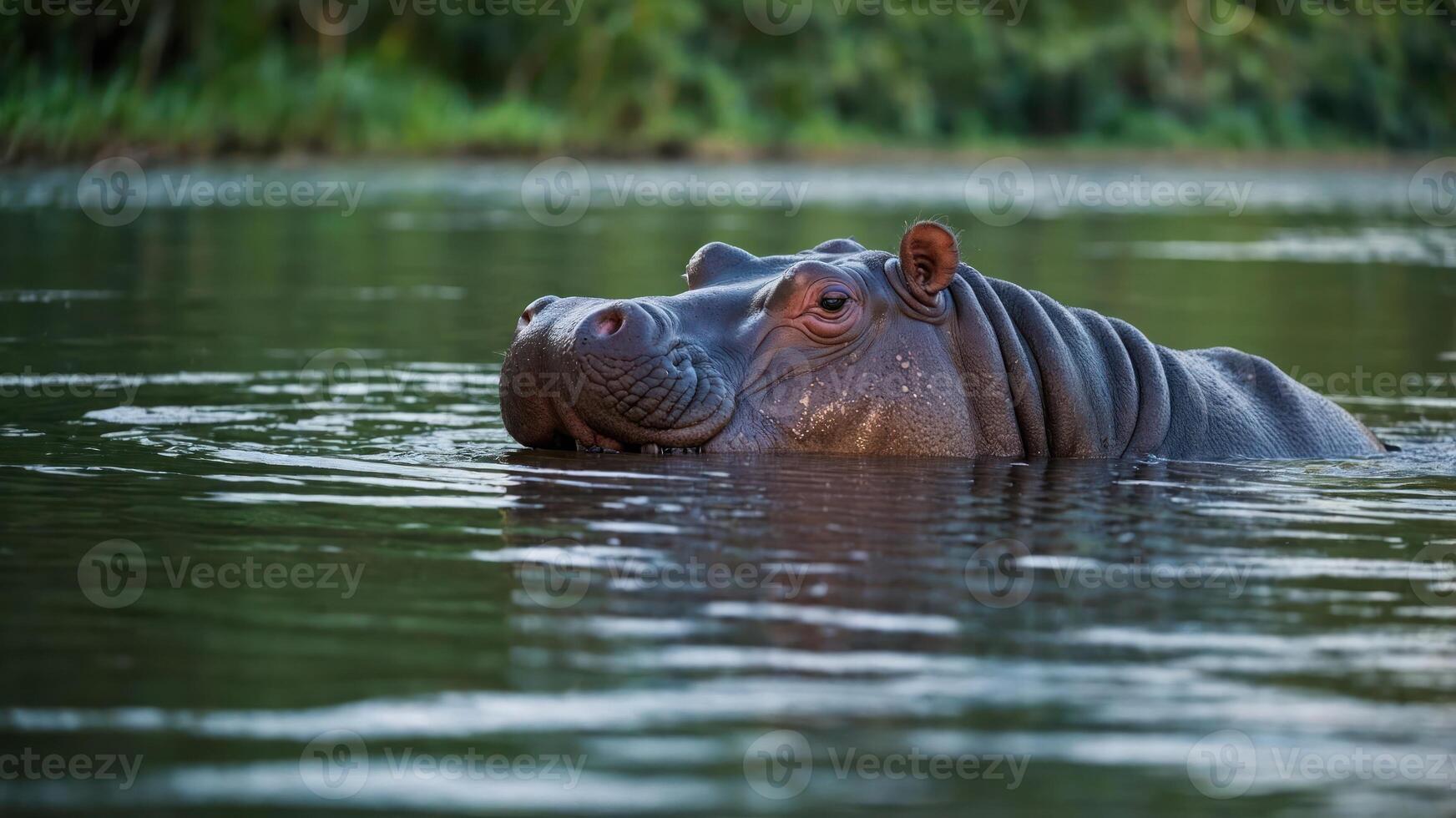 A hippo partially submerged in calm water, surrounded by lush greenery. photo