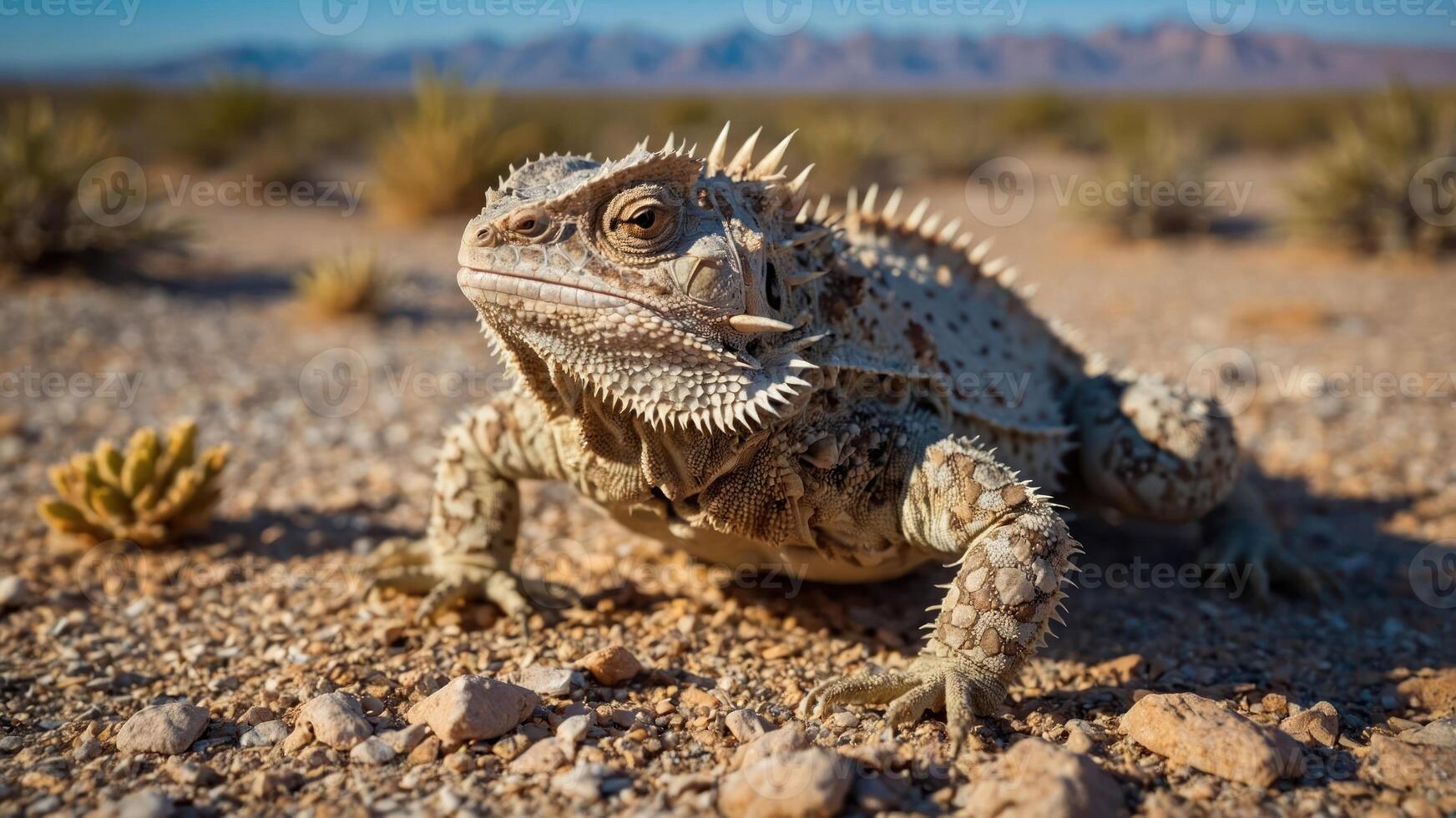 A close-up of a bearded dragon on a sandy desert landscape. photo