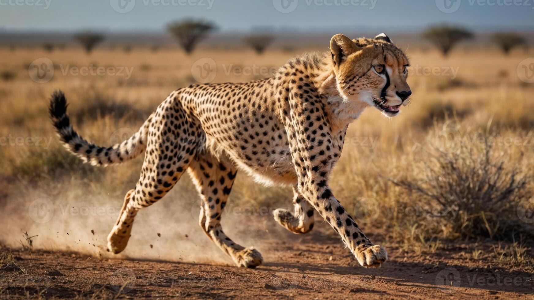 A cheetah runs gracefully across a dusty landscape, showcasing its speed and agility. photo