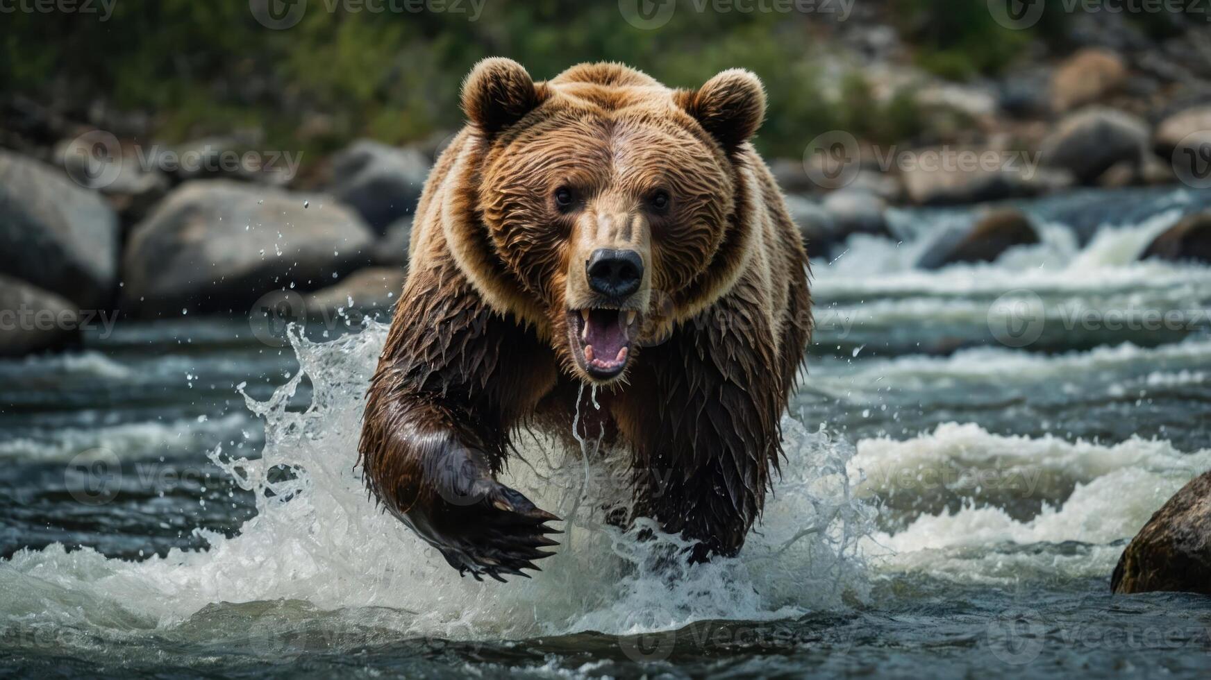 A powerful grizzly bear splashes through a river, showcasing its strength and natural habitat. photo