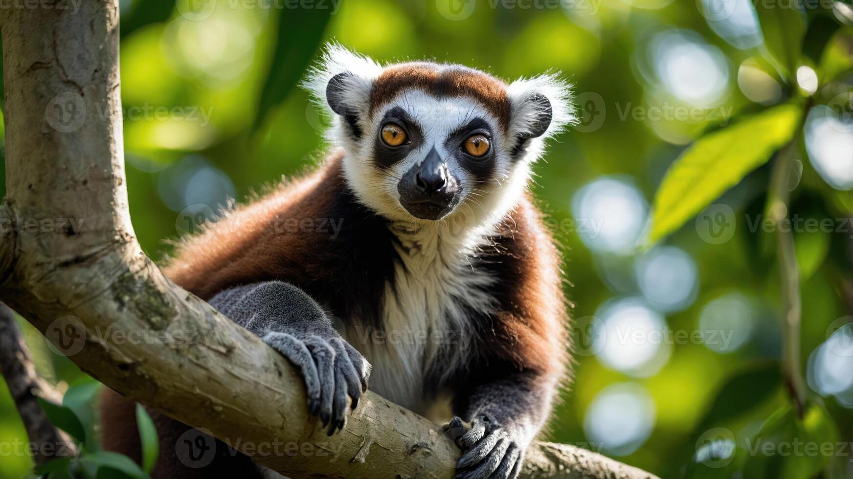 A close-up of a lemur perched on a branch in a lush green environment. photo
