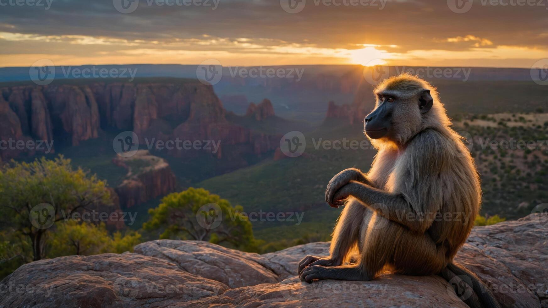 A baboon sits on a rock overlooking a scenic landscape at sunset. photo