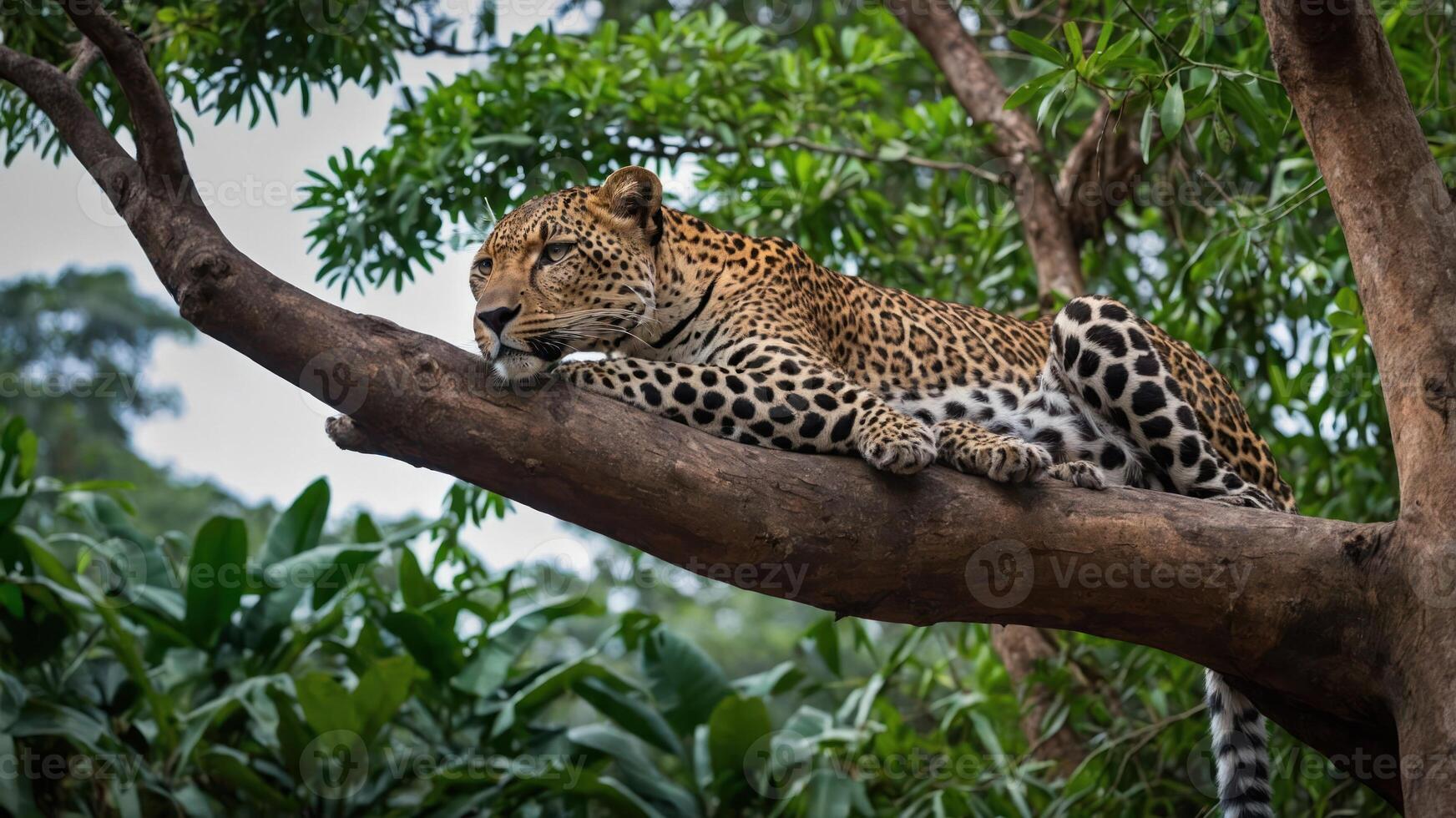 A leopard resting on a tree branch, surrounded by lush greenery. photo