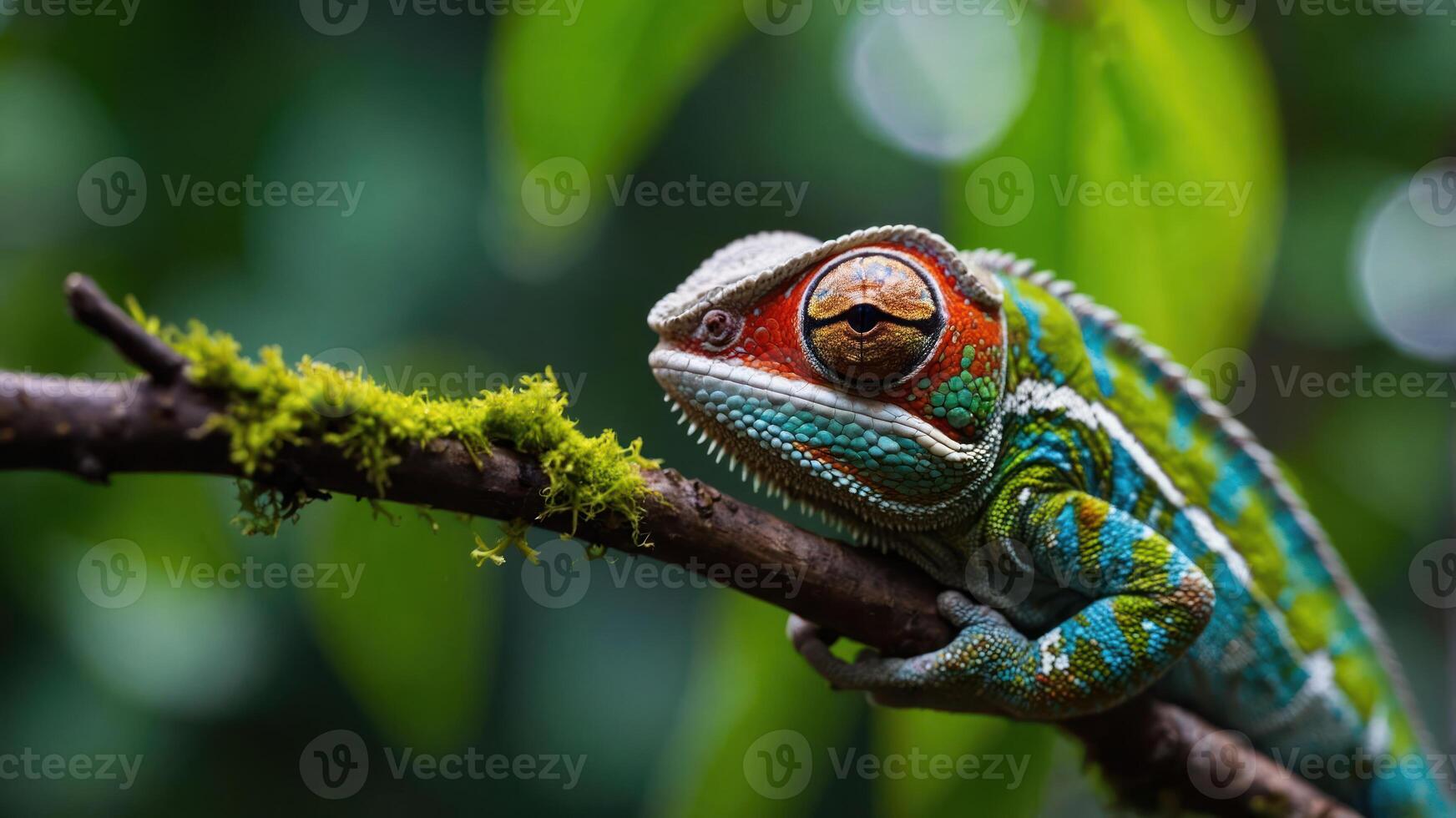 A vibrant chameleon perched on a mossy branch in a lush environment. photo