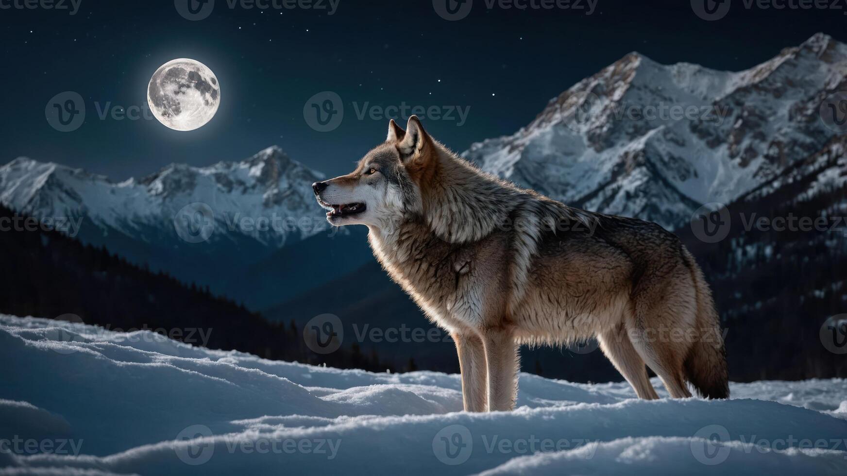 A wolf stands in a snowy landscape under a full moon, surrounded by majestic mountains. photo