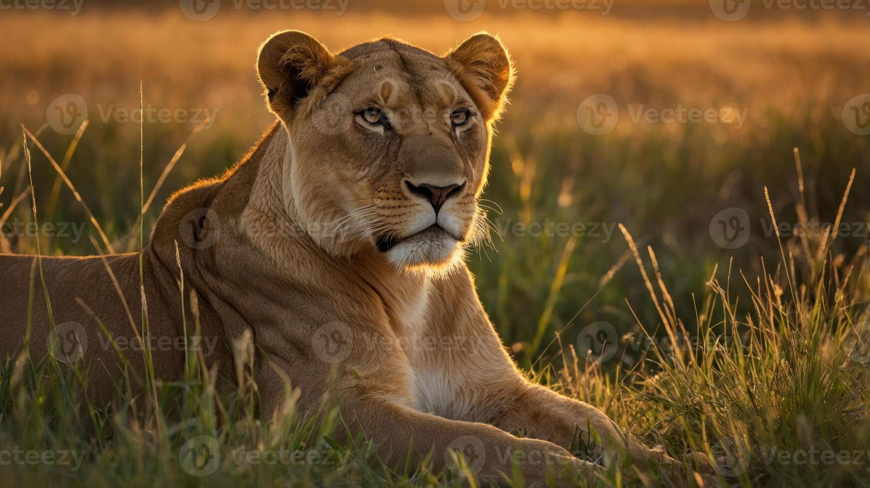 A lioness resting in tall grass during golden hour, showcasing the beauty of wildlife. photo