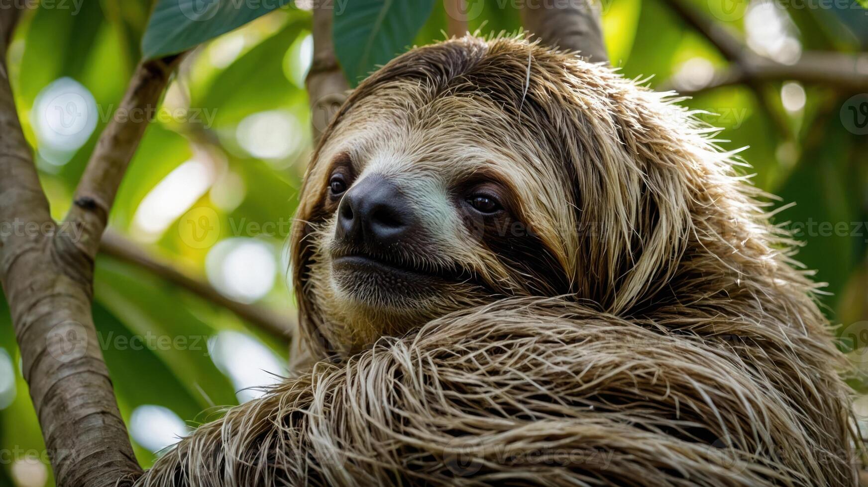 A close-up of a sloth resting on a tree branch amidst lush green foliage. photo
