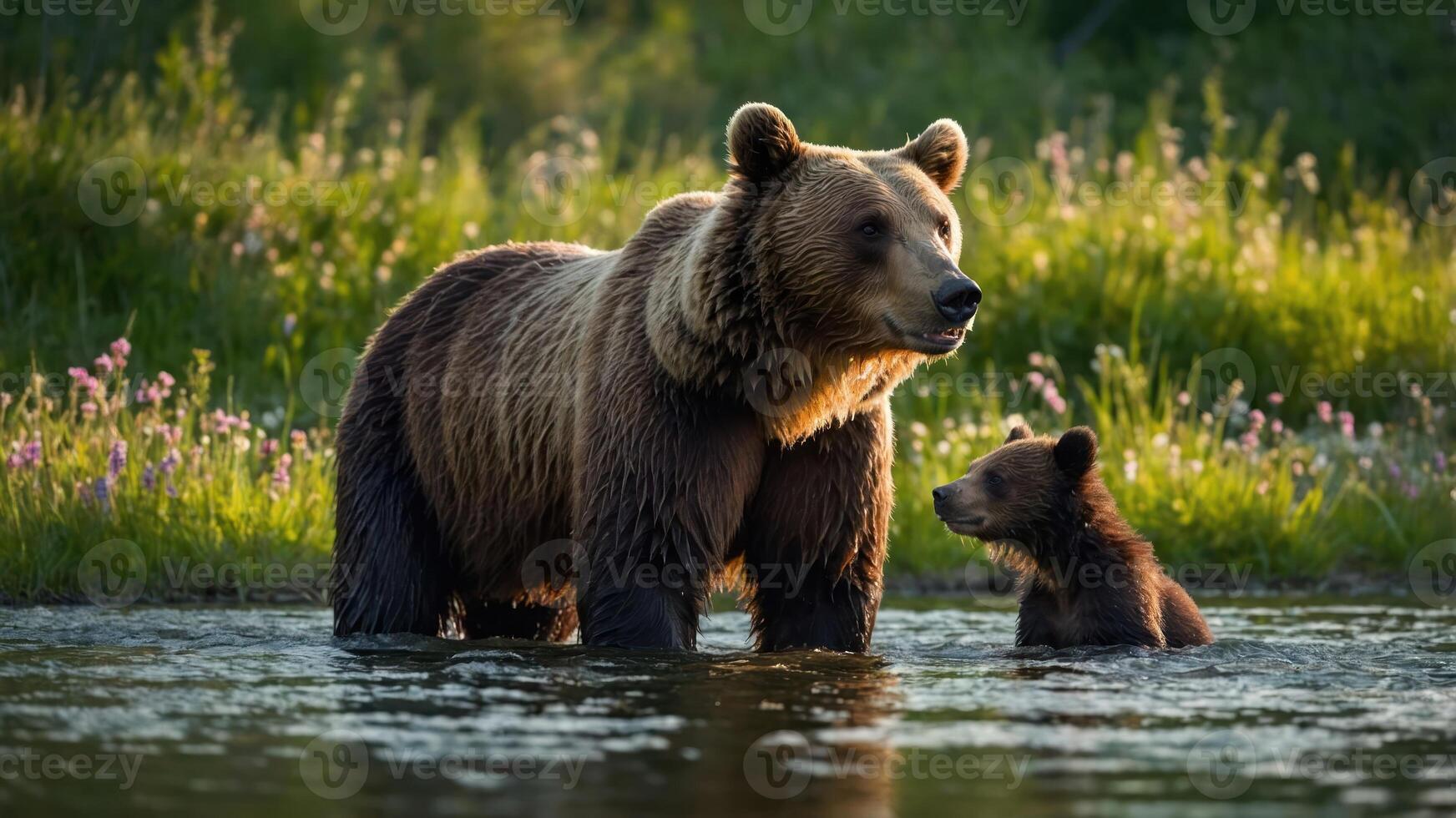 A mother bear and her cub wade in a serene river surrounded by lush greenery and flowers. photo