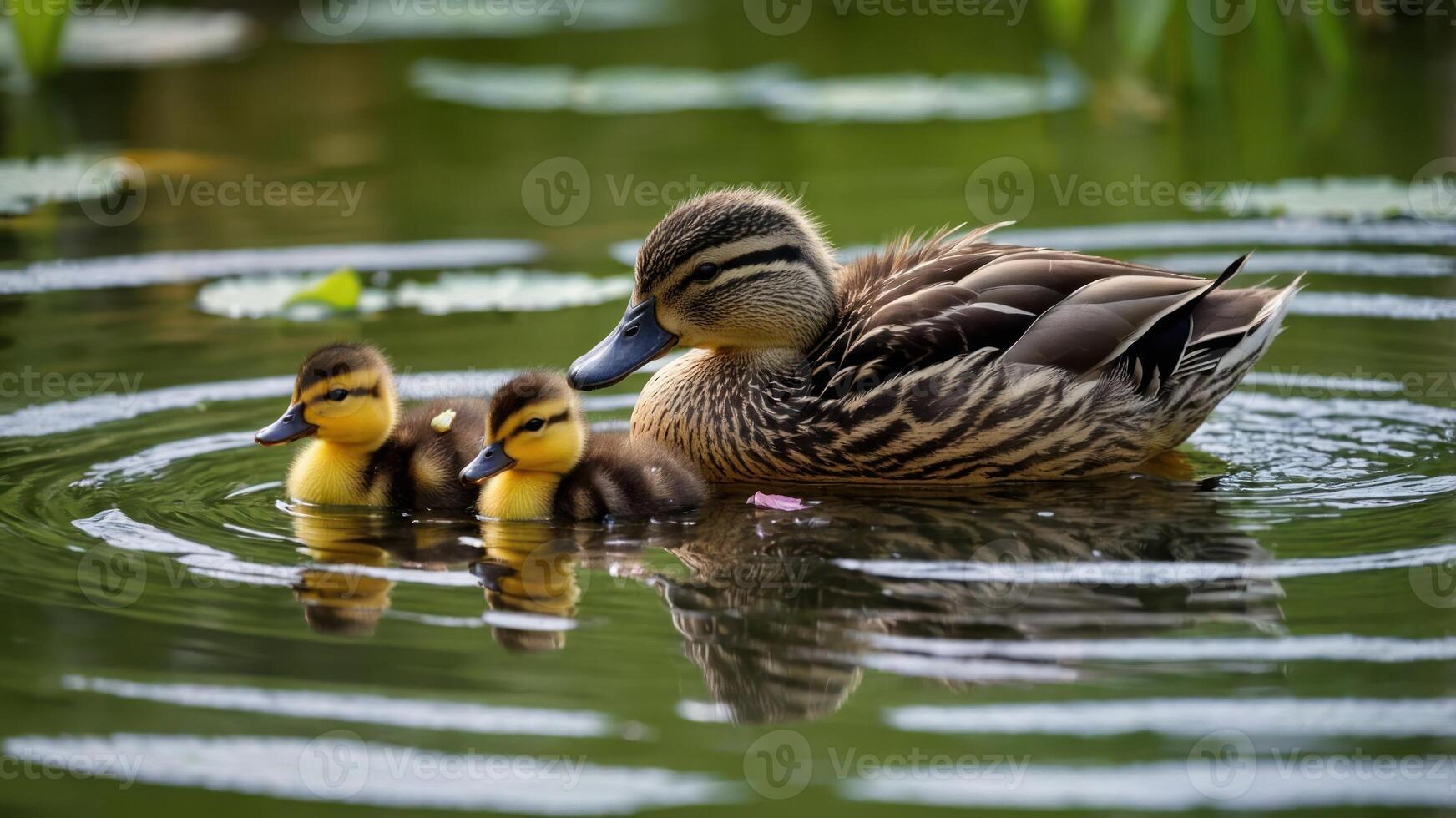 A mother duck swims with her two ducklings in a serene pond. photo