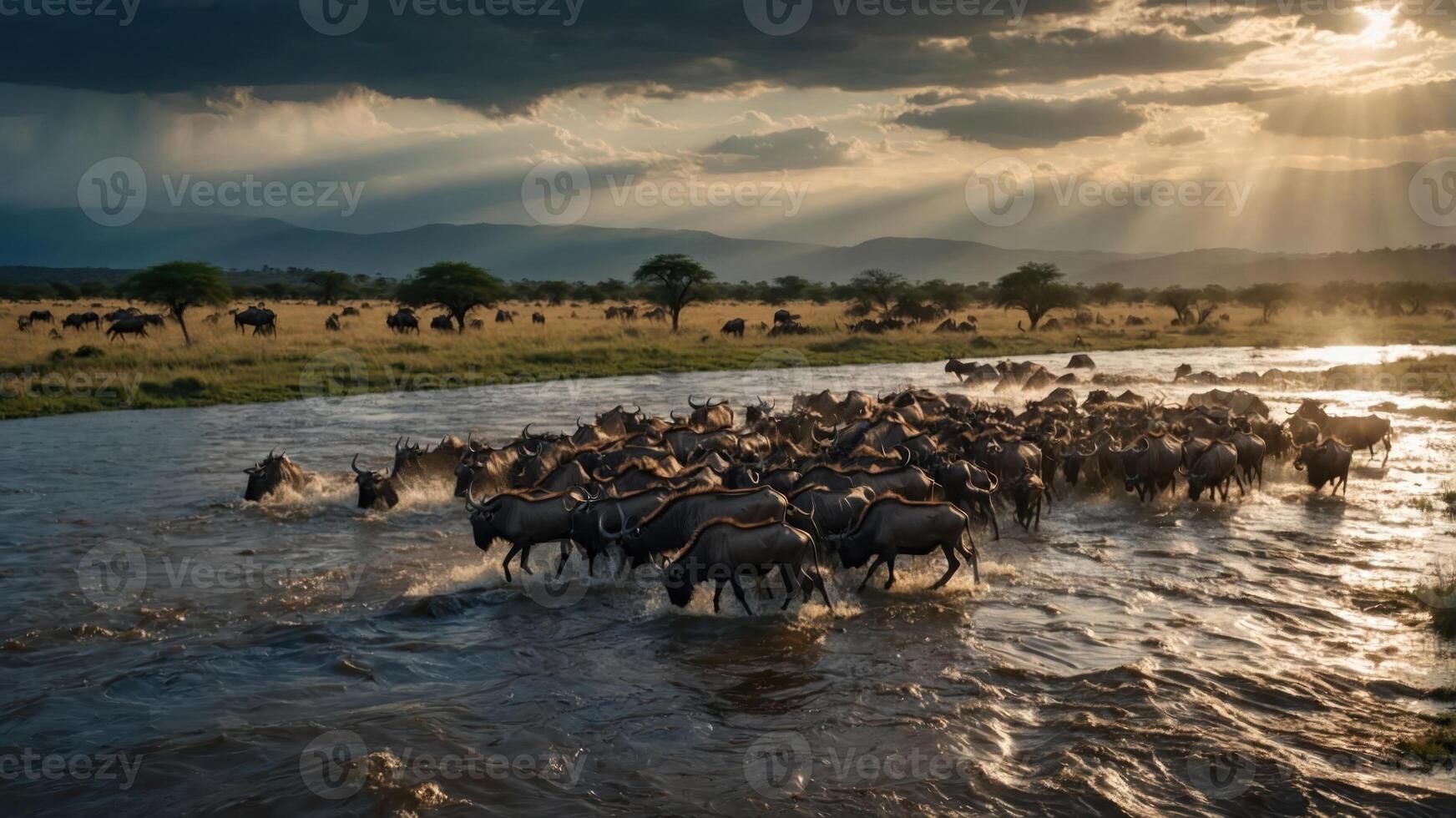 A herd of wildebeests crossing a river under dramatic skies during migration. photo