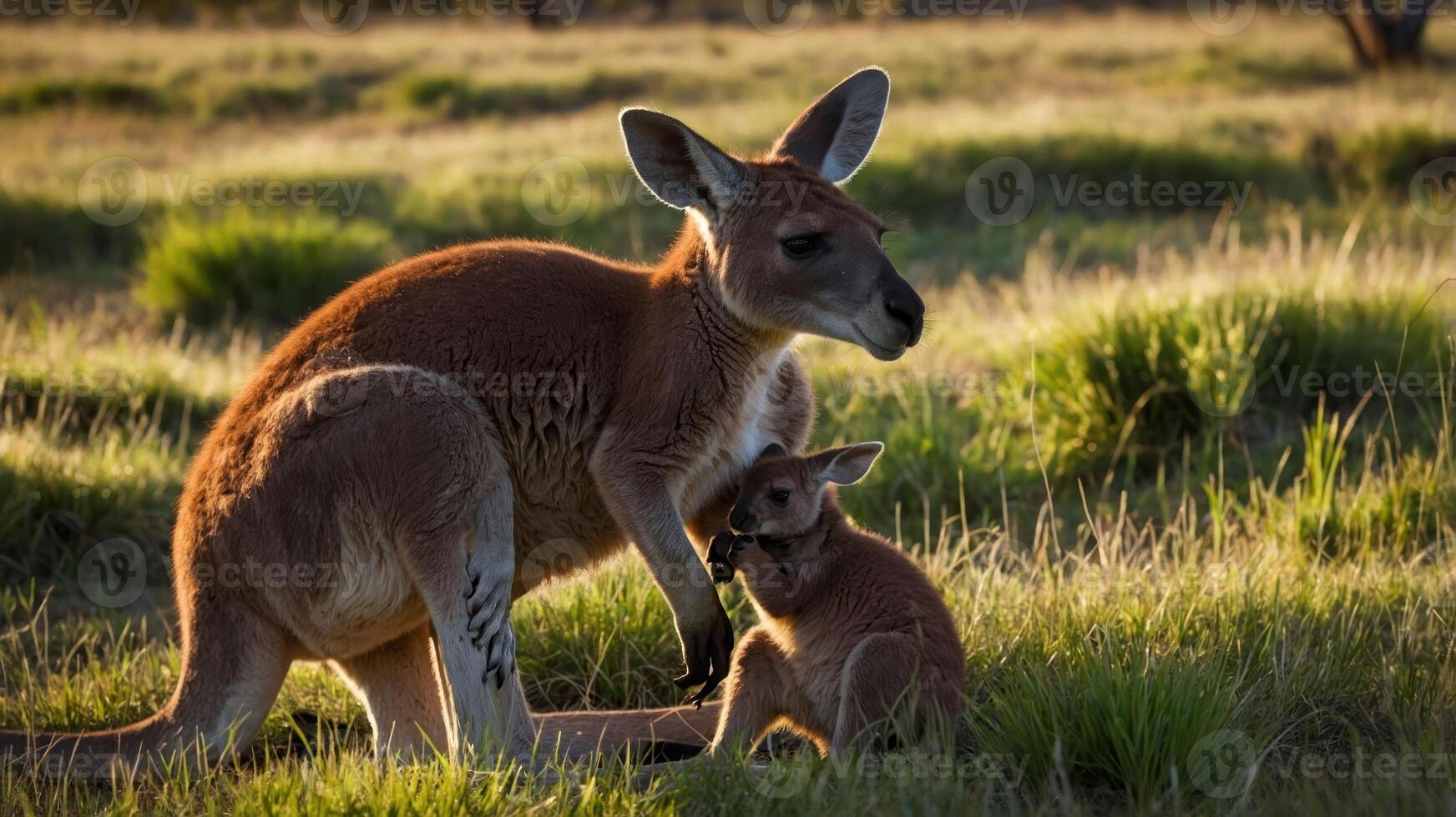 A kangaroo and its joey in a grassy field during golden hour. photo