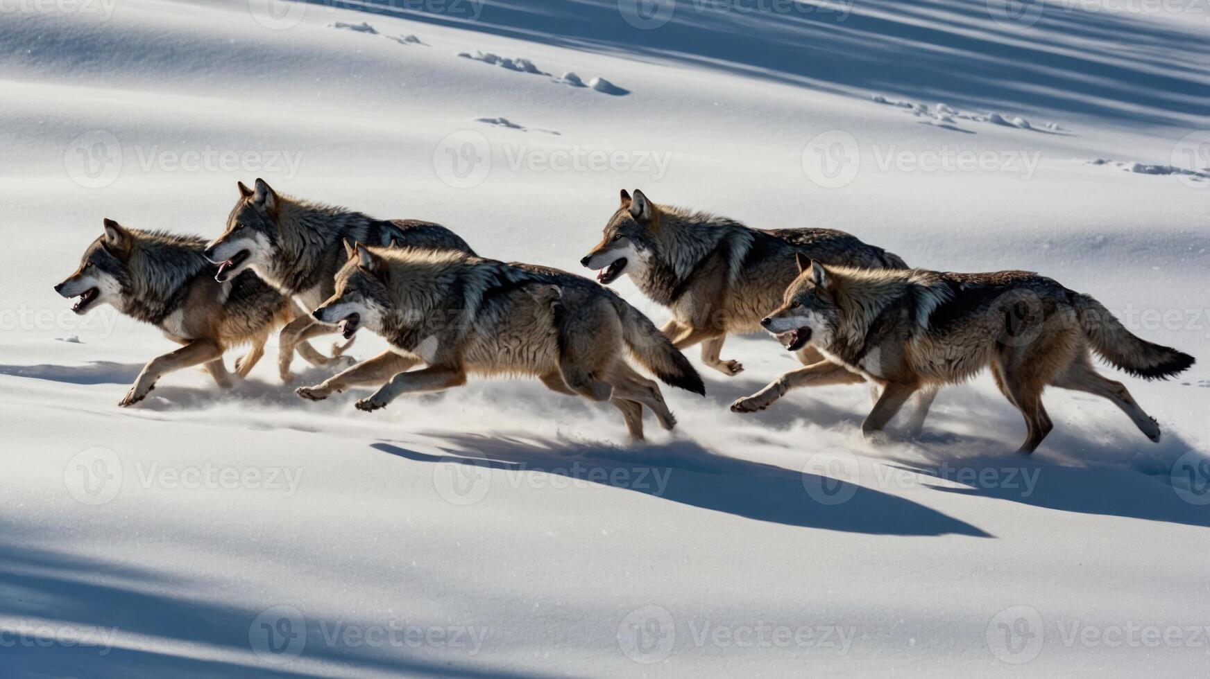 A pack of wolves running through the snow, showcasing their agility and natural habitat. photo