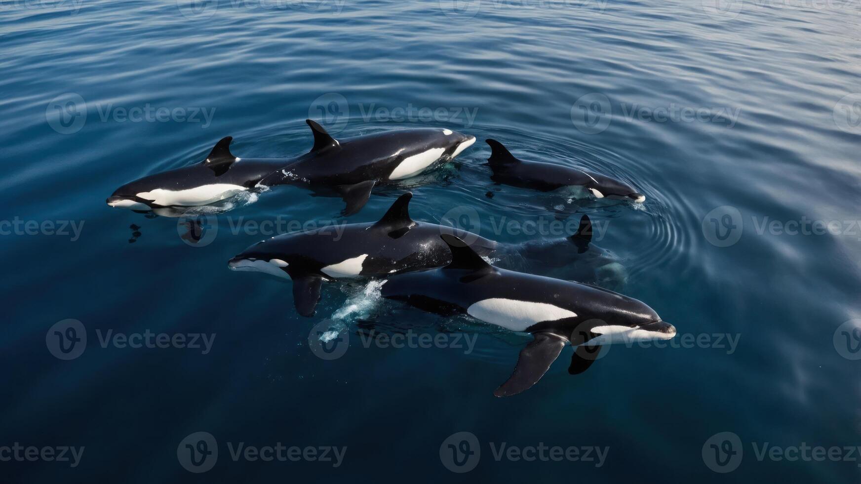 A pod of orcas swimming gracefully in calm ocean waters. photo