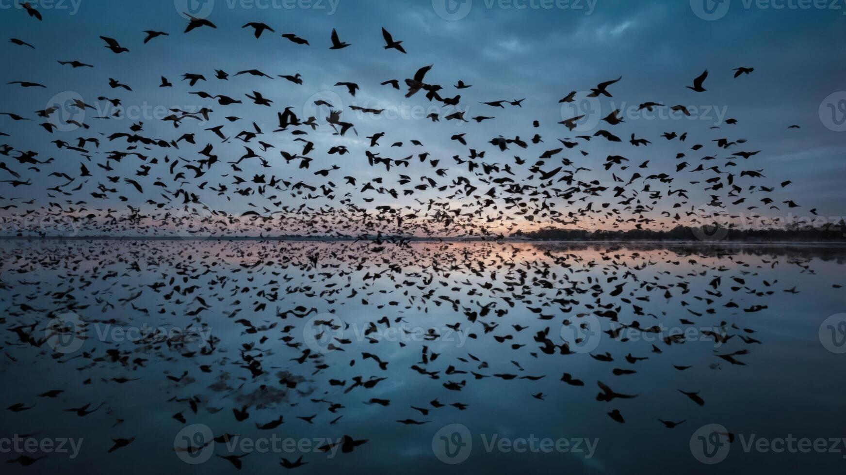 A flock of birds flying over a calm lake at dusk, reflecting the sky's colors. photo