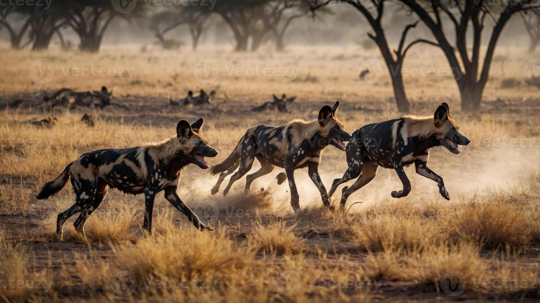 Three African wild dogs running through a dusty landscape at sunrise. photo