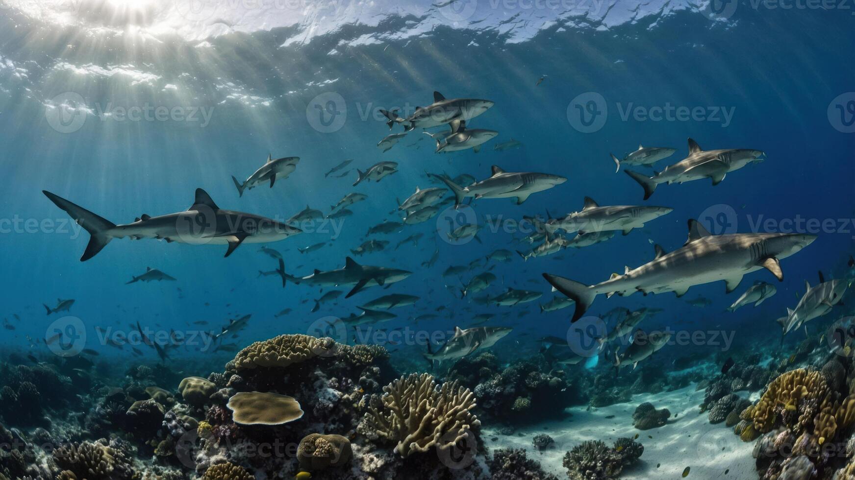 A vibrant underwater scene showcasing a school of sharks swimming near coral reefs. photo