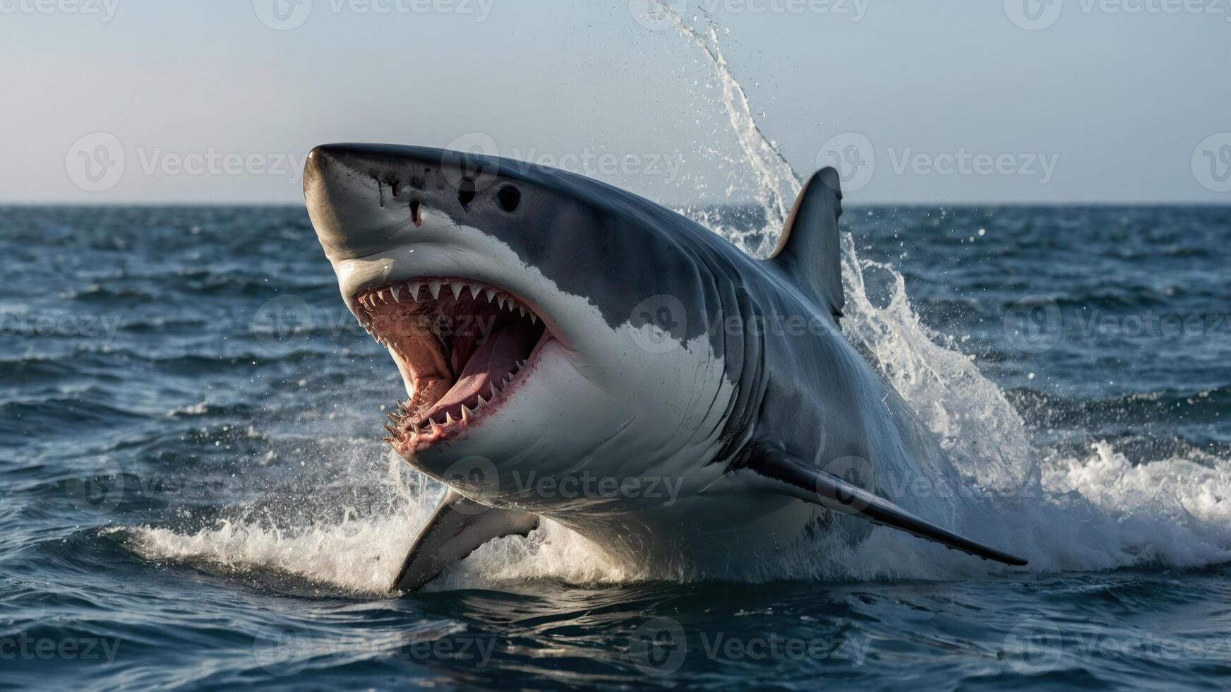 A great white shark breaching the water's surface, showcasing its powerful jaws and fins. photo