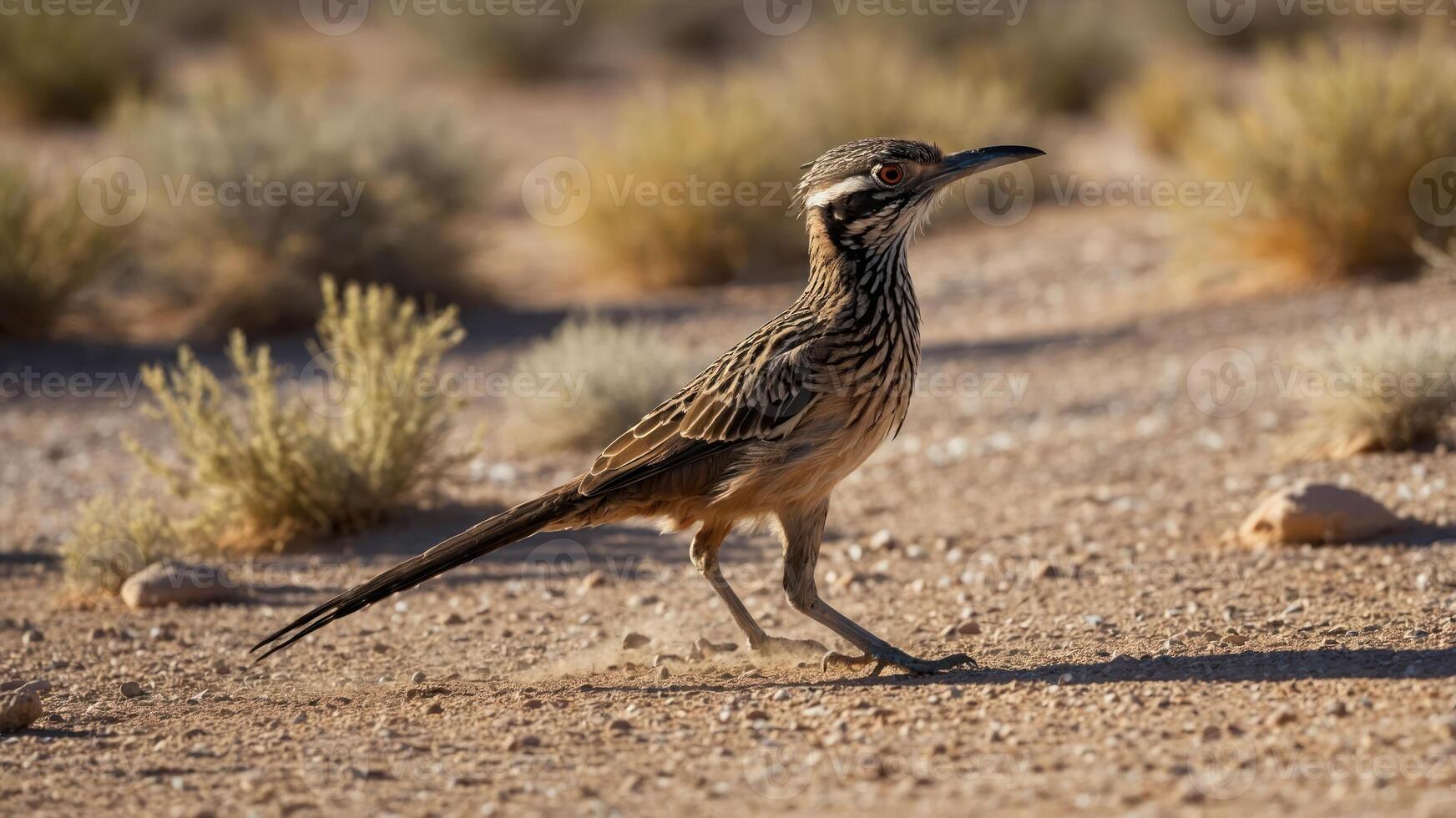 A roadrunner bird walking across a sandy desert landscape. photo