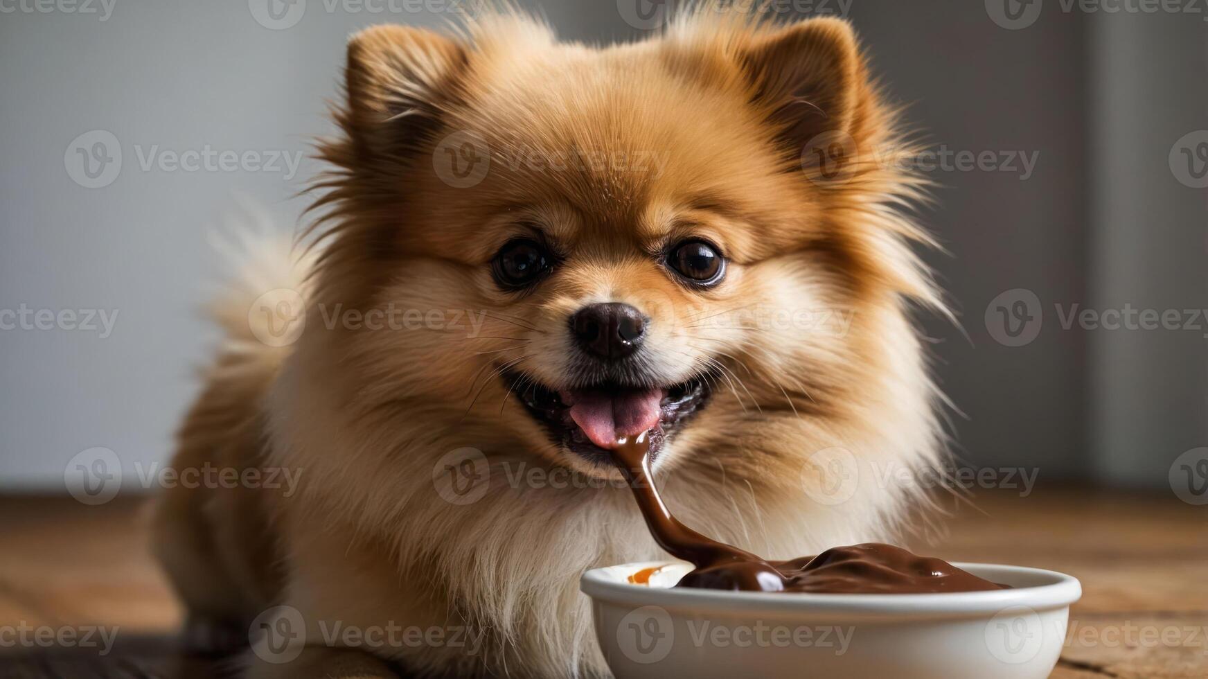 A playful dog enjoys a bowl of chocolate-like substance, showcasing its joyful expression. photo
