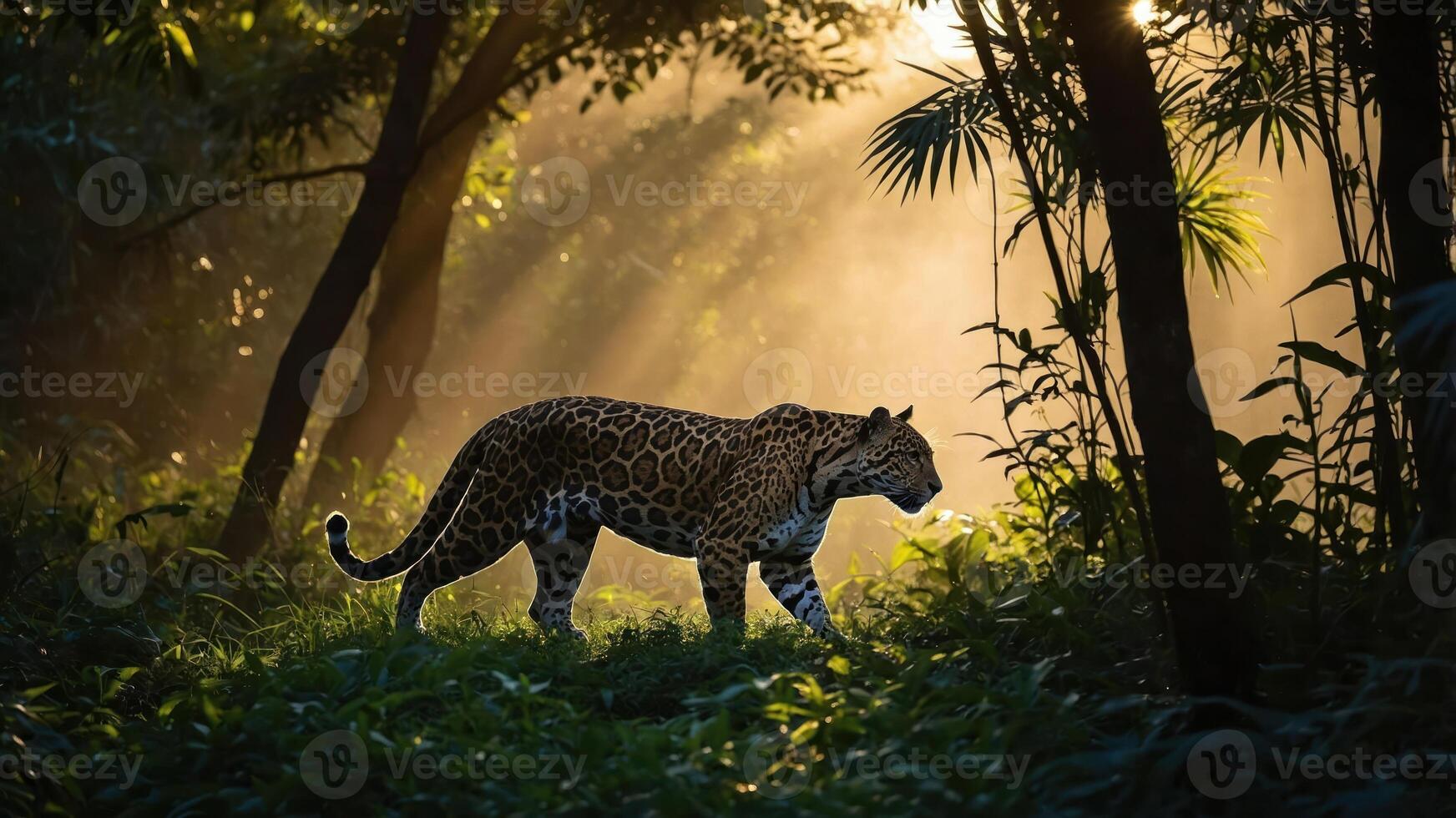 A leopard walks through a misty forest, illuminated by soft sunlight. photo